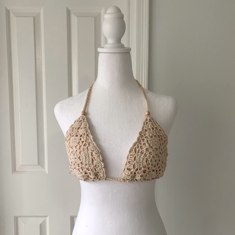 Handmade Woman's Crochet Bikini Top Bohemian Hippie Adjustable Straps Cream L